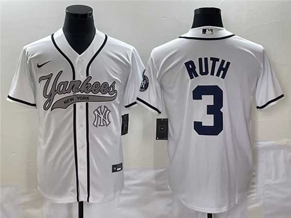 Mens New York Yankees #3 Babe Ruth White With Patch Cool Base Stitched Baseball Jersey->new york yankees->MLB Jersey